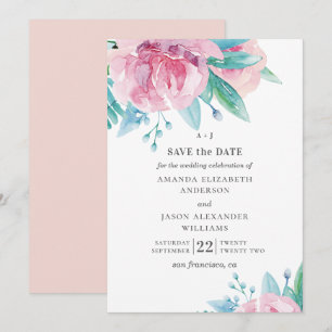 Watercolor pink flowers. Blush floral wedding Save The Date