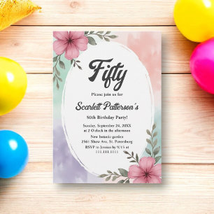 Watercolor Pink Flowers Boho Summer 50th Birthday Invitation