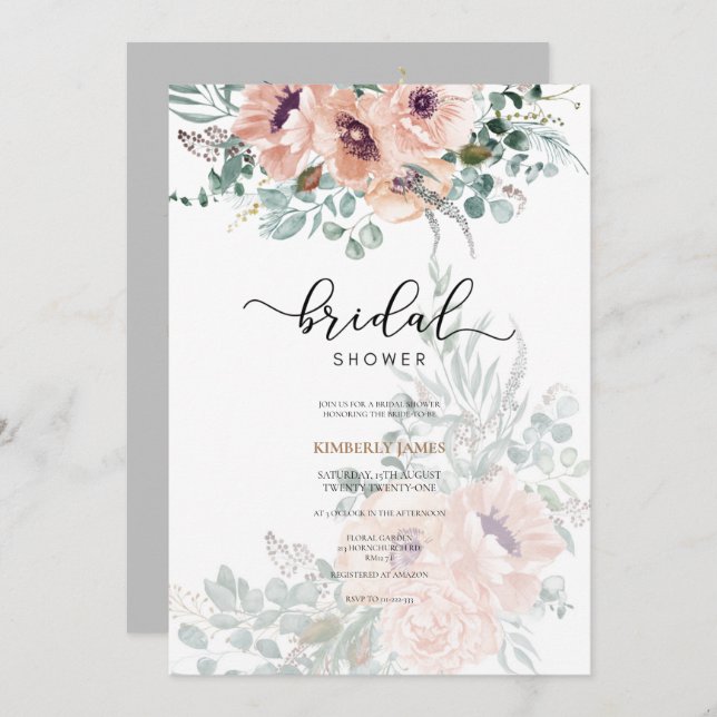 Watercolor Pink Flowers Bridal Shower Invitation (Front/Back)