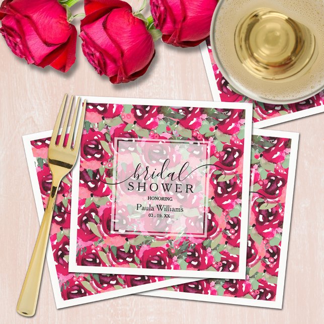 Watercolor Pink Flowers Bridal Shower Napkin (Chic watercolor hot pink floral bridal shower personalized napkins)