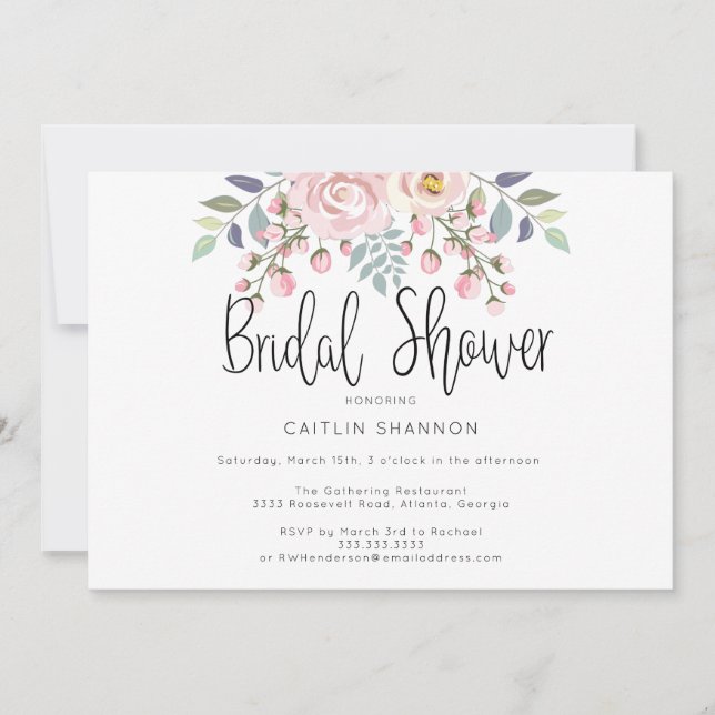 Watercolor Pink Flowers Calligraphy Bridal Shower Invitation (Front)
