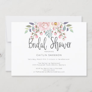 Watercolor Pink Flowers Calligraphy Bridal Shower Invitation