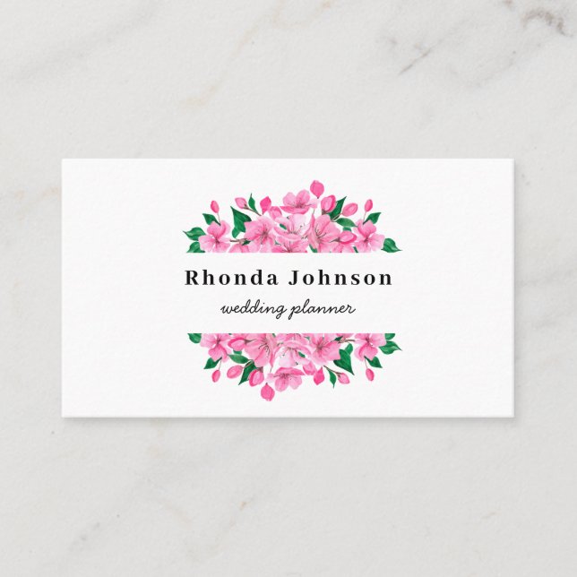 Watercolor Pink Flowers Cherry Blossom Floral Business Card (Front)