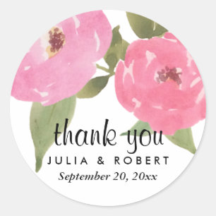 Watercolor Pink Flowers Chic Wedding Thank You Classic Round Sticker