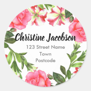 Watercolor Pink Flowers Circle Wreath Address Classic Round Sticker