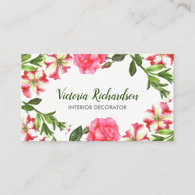 Watercolor Pink Flowers Circle Wreath Arrangement Business Card (Front)