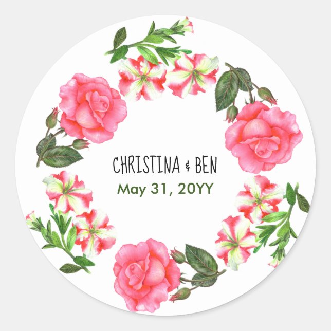 Watercolor Pink Flowers Circle Wreath Classic Round Sticker (Front)