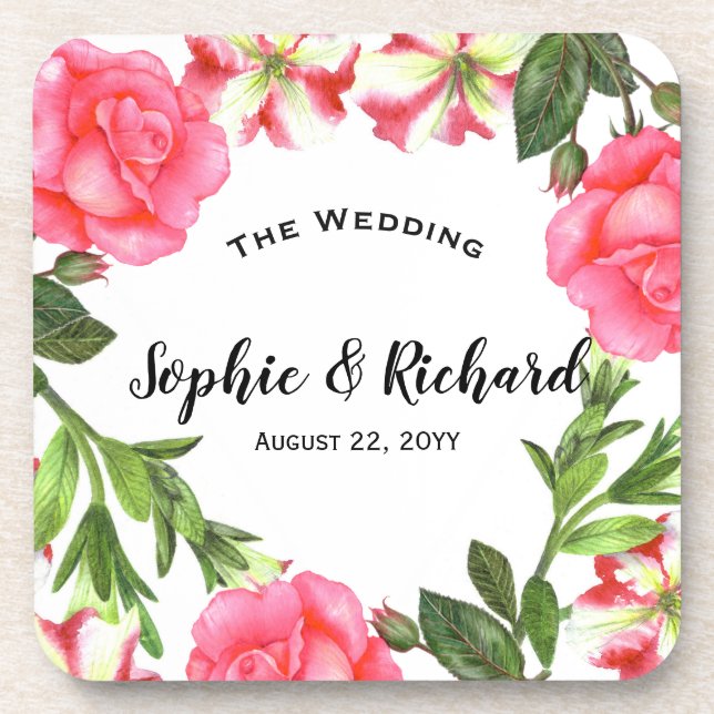 Watercolor Pink Flowers Circle Wreath Coaster (Front)