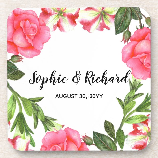 Watercolor Pink Flowers Circle Wreath Design Coaster (Front)