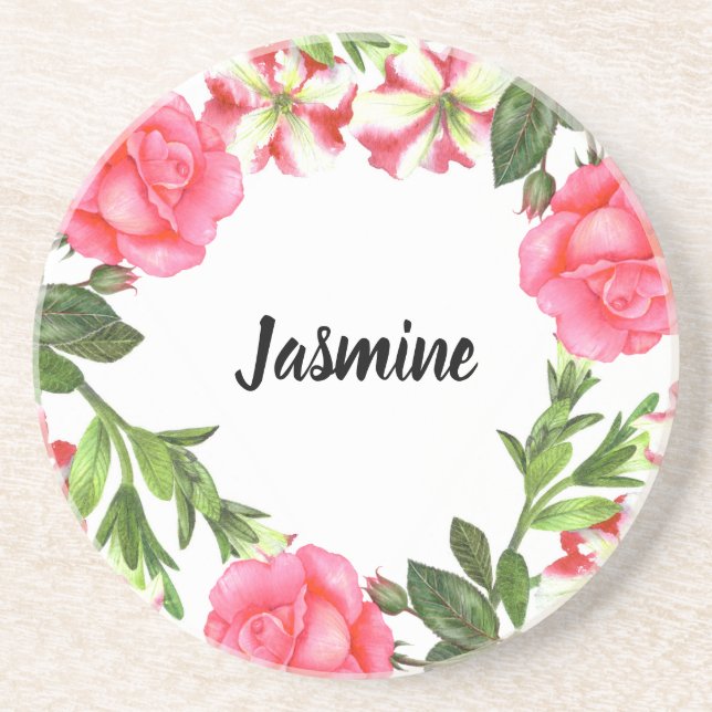 Watercolor Pink Flowers Circle Wreath Design Coaster (Front)