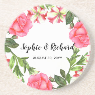 Watercolor Pink Flowers Circle Wreath Design Coaster