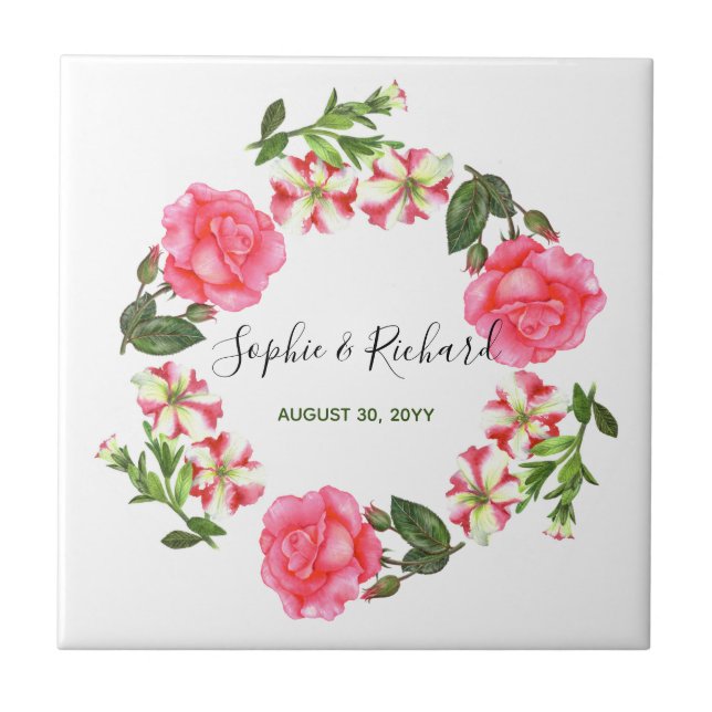 Watercolor Pink Flowers Circle Wreath Design Tile (Front)