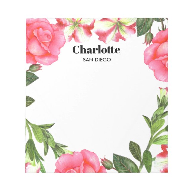 Watercolor Pink Flowers Circle Wreath Notepad (Front)