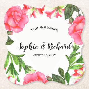 Watercolor Pink Flowers Circle Wreath Paper Coaster