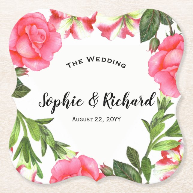 Watercolor Pink Flowers Circle Wreath Paper Coaster (Front)