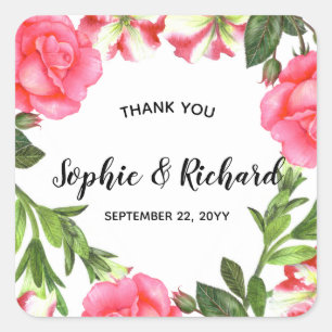 Watercolor Pink Flowers Circle Wreath Square Sticker