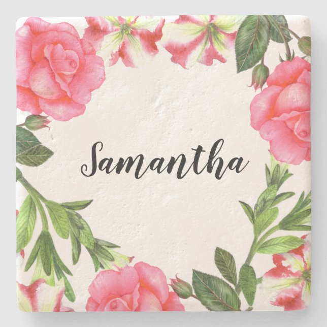 Watercolor Pink Flowers Circle Wreath Stone Coaster (Front)