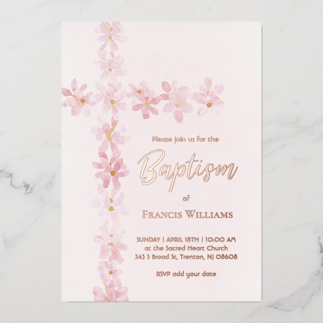 watercolor pink flowers cross Baptism (Front)