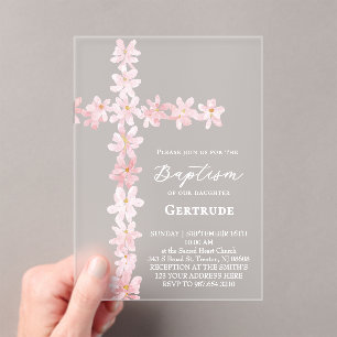watercolor pink flowers cross Baptism Invitation