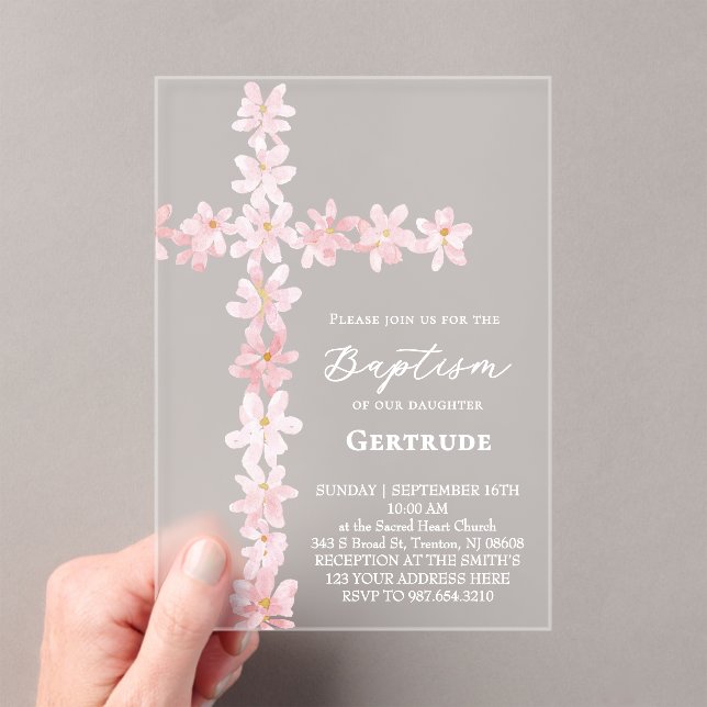 watercolor pink flowers cross Baptism Invitation (Insitu (Handheld))