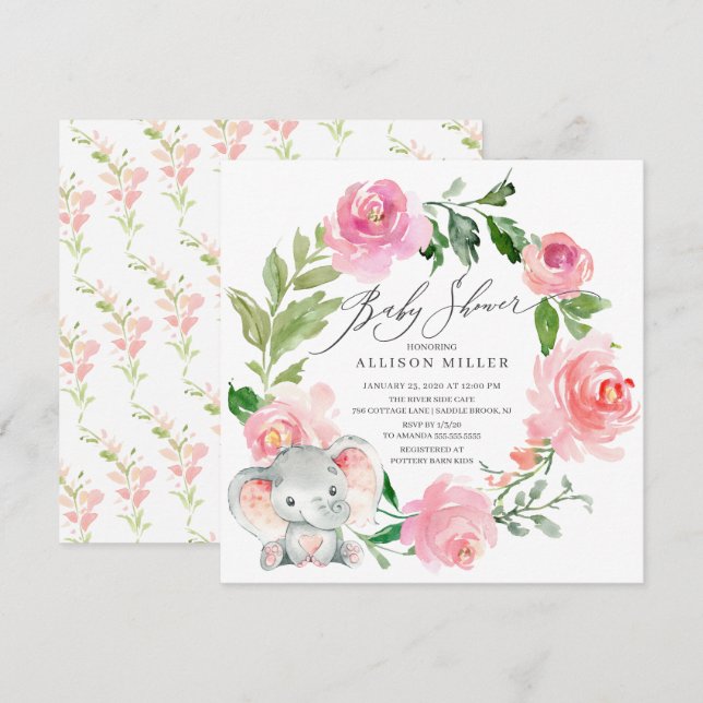 Watercolor Pink Flowers Elephant Baby Shower Invitation (Front/Back)