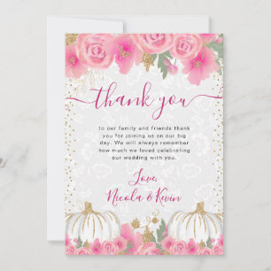 Watercolor Pink Flowers Fall Pumpkin Wedding Thank You Card