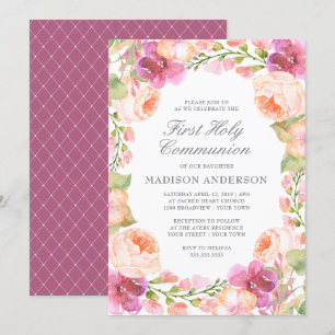 Watercolor Pink Flowers First Holy Communion Invitation