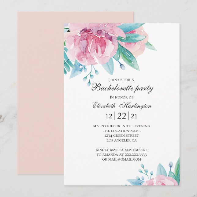 Watercolor pink flowers. Floral bachelorette party Invitation (Front/Back)