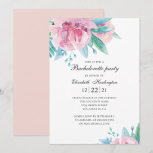 Watercolor pink flowers. Floral bachelorette party Invitation