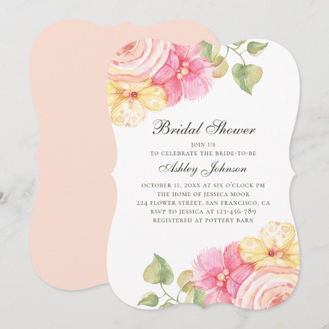 Watercolor pink flowers. Floral bridal shower Invitation (Front/Back)
