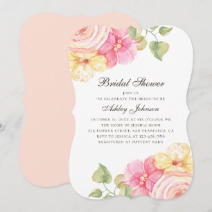 Watercolor pink flowers. Floral bridal shower Invitation