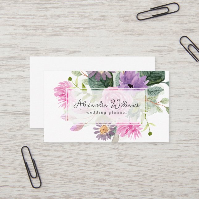 Watercolor Pink Flowers Floral Business Card (Front/Back In Situ)