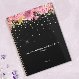 Watercolor Pink Flowers Floral Diamond Glitter Planner