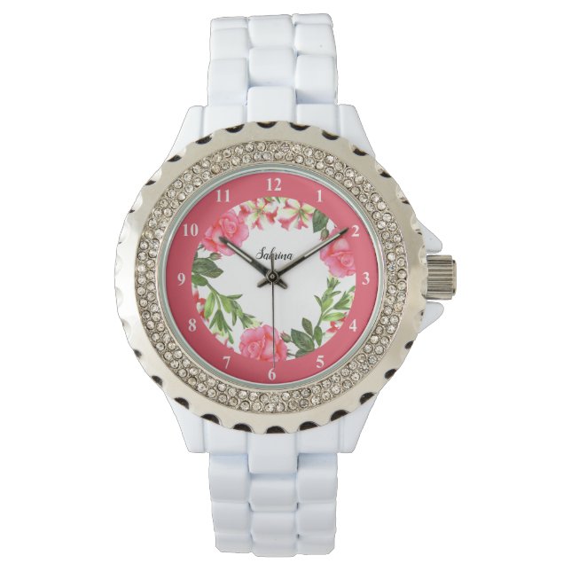 Watercolor Pink Flowers Floral Illustration Watch (Front)