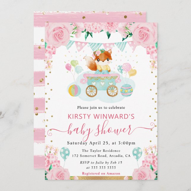 Watercolor Pink Flowers Fox Baby Shower Invitation (Front/Back)