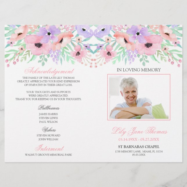 Watercolor Pink Flowers Funeral Program Flyer (Front)