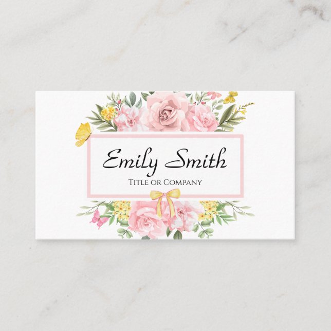 Watercolor Pink Flowers Garden Business Card (Front)