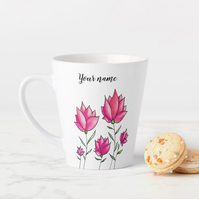 Watercolor Pink Flowers Girly Name Latte Mug (In Situ)