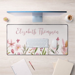 Watercolor Pink Flowers Girly Script Name Desk Mat
