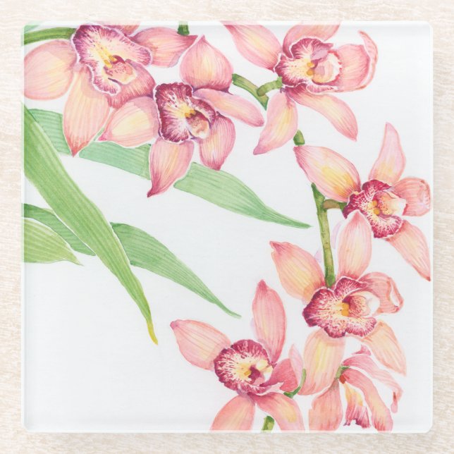 Watercolor Pink Flowers Glass Coaster (Front)