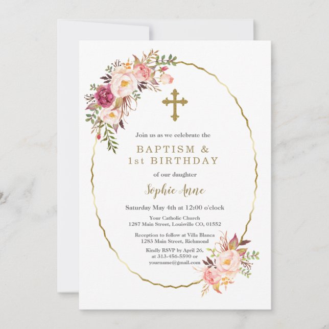 Watercolor Pink Flowers Gold Cross Girl Baptism Invitation (Front)