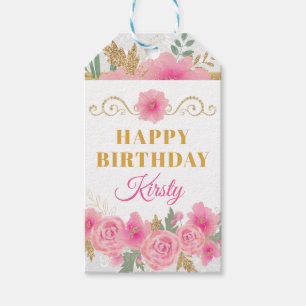 Watercolor Pink Flowers & Gold Foil Birthday Gift Tags