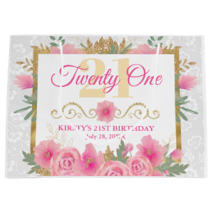 Watercolor Pink Flowers & Gold Foil Birthday Large Gift Bag