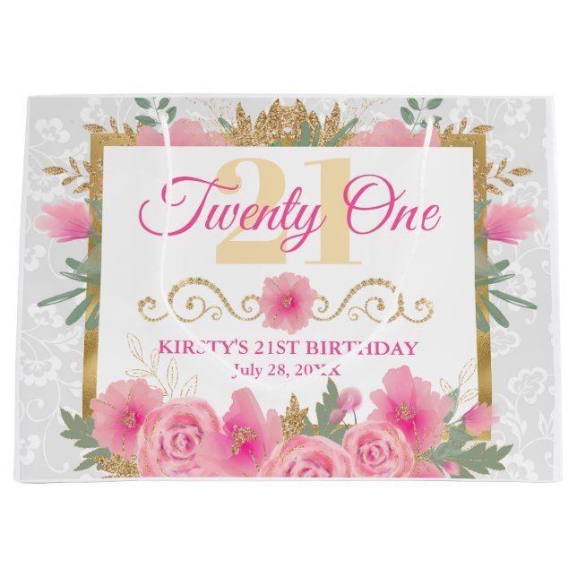 Watercolor Pink Flowers & Gold Foil Birthday Large Gift Bag (Front)