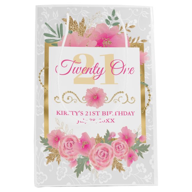 Watercolor Pink Flowers & Gold Foil Birthday Medium Gift Bag (Front)