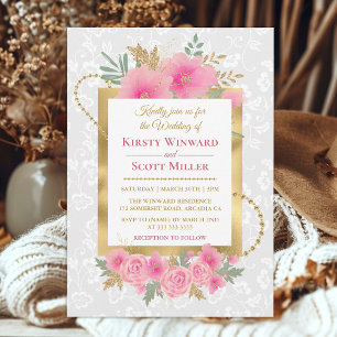 Watercolor Pink Flowers Gold Foil Glitter Wedding Invitation