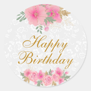 Watercolor Pink Flowers Gold Foil Happy Birthday Classic Round Sticker