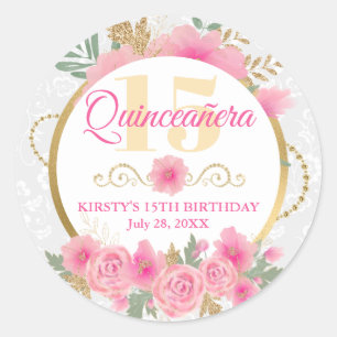 Watercolor Pink Flowers & Gold Foil Quinceañera Classic Round Sticker