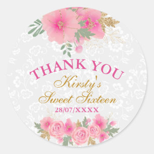 Watercolor Pink Flowers Gold Foil Sweet 16 Classic Round Sticker