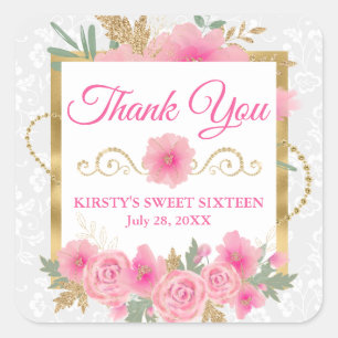 Watercolor Pink Flowers & Gold Foil Sweet Sixteen Square Sticker